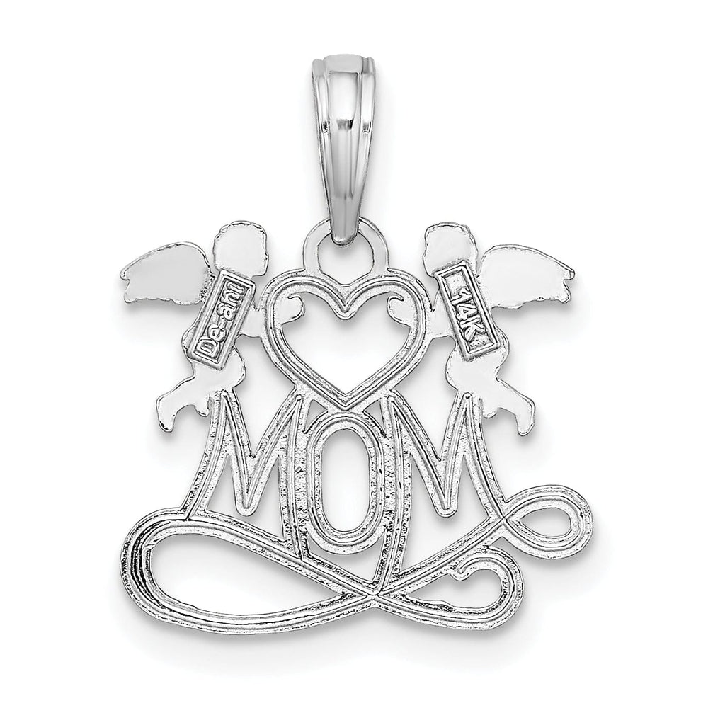14K White Gold Polished Finish MOM with 2 Angels Holding Heart Design Charm Pendant