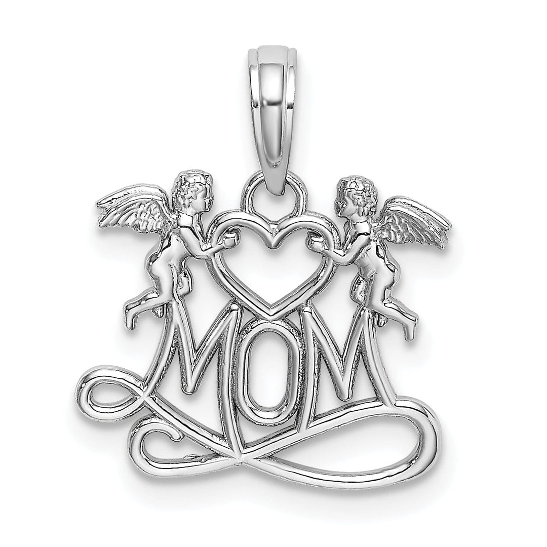 14K White Gold Polished Finish MOM with 2 Angels Holding Heart Design Charm Pendant