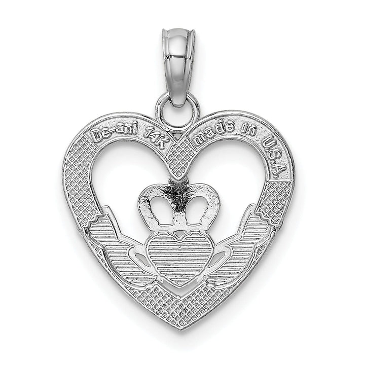 14K White Gold Polished Textured Finish Heart Claddagh Design Charm Pendant