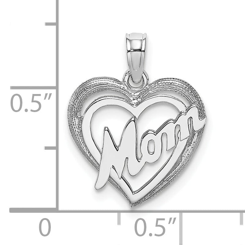 14k White Gold Polished Textured Finish MOM in Double Heart Shape Design Charm Pendant
