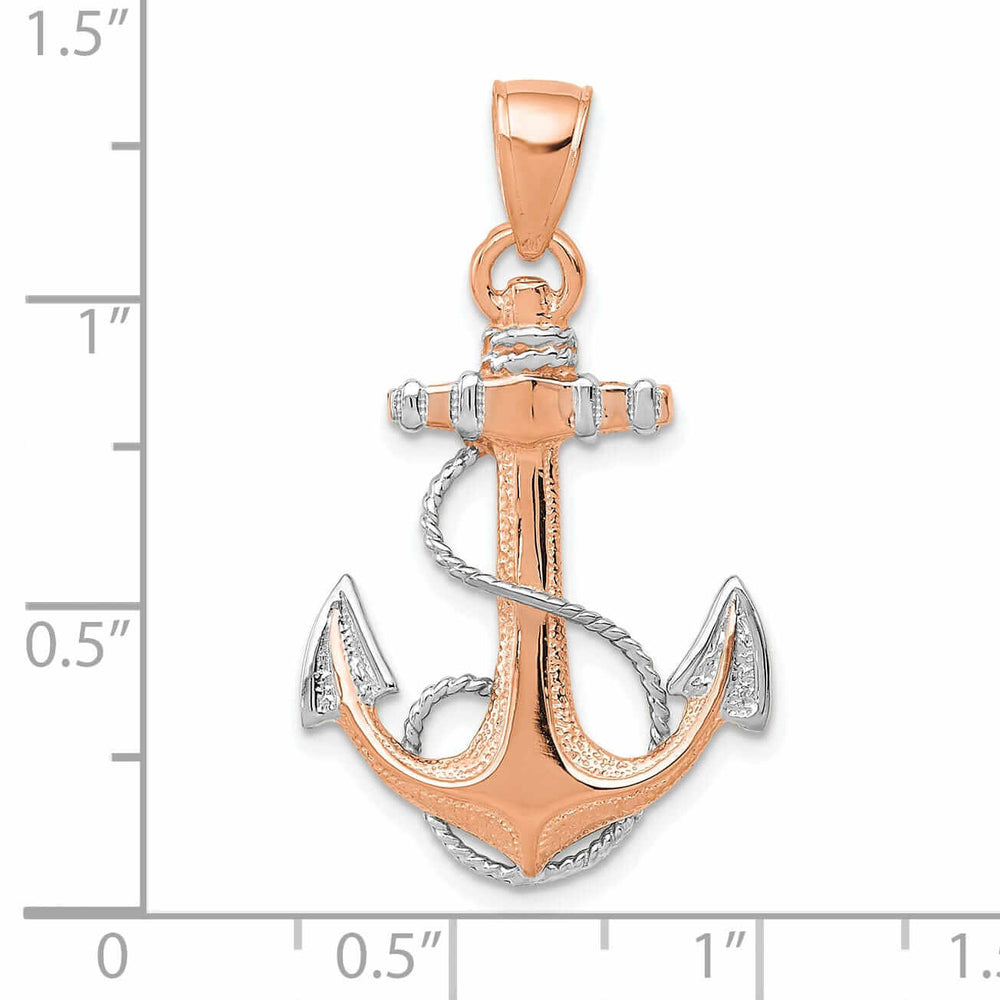 14k Rose Gold Rhodium Polished Texture Finish Anchor with Rope Charm Pendant