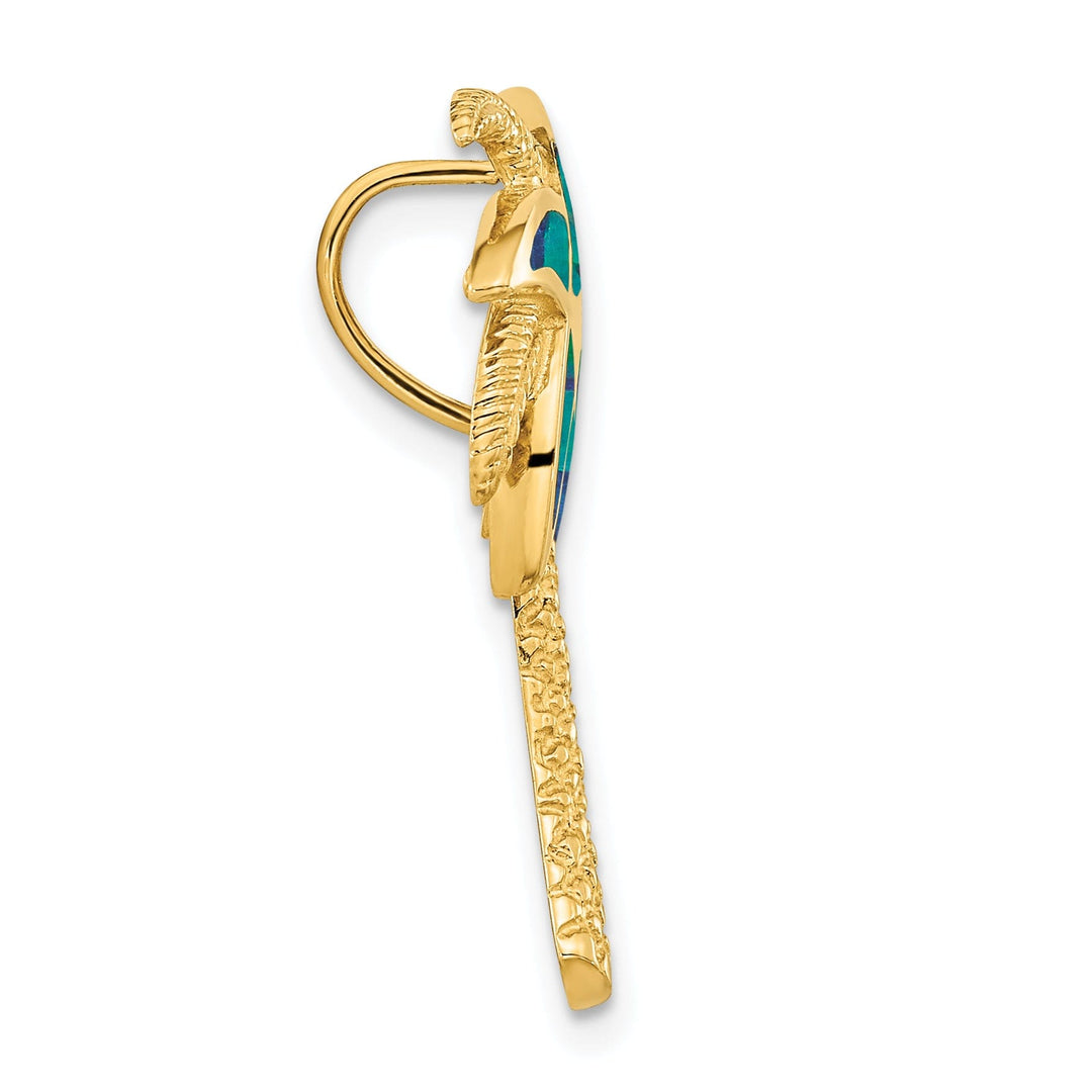 14k Yellow Gold Polished Textured Finish Solid Lab Created Opal Palm Tree Slide Pendant fits up to 6mm Omega