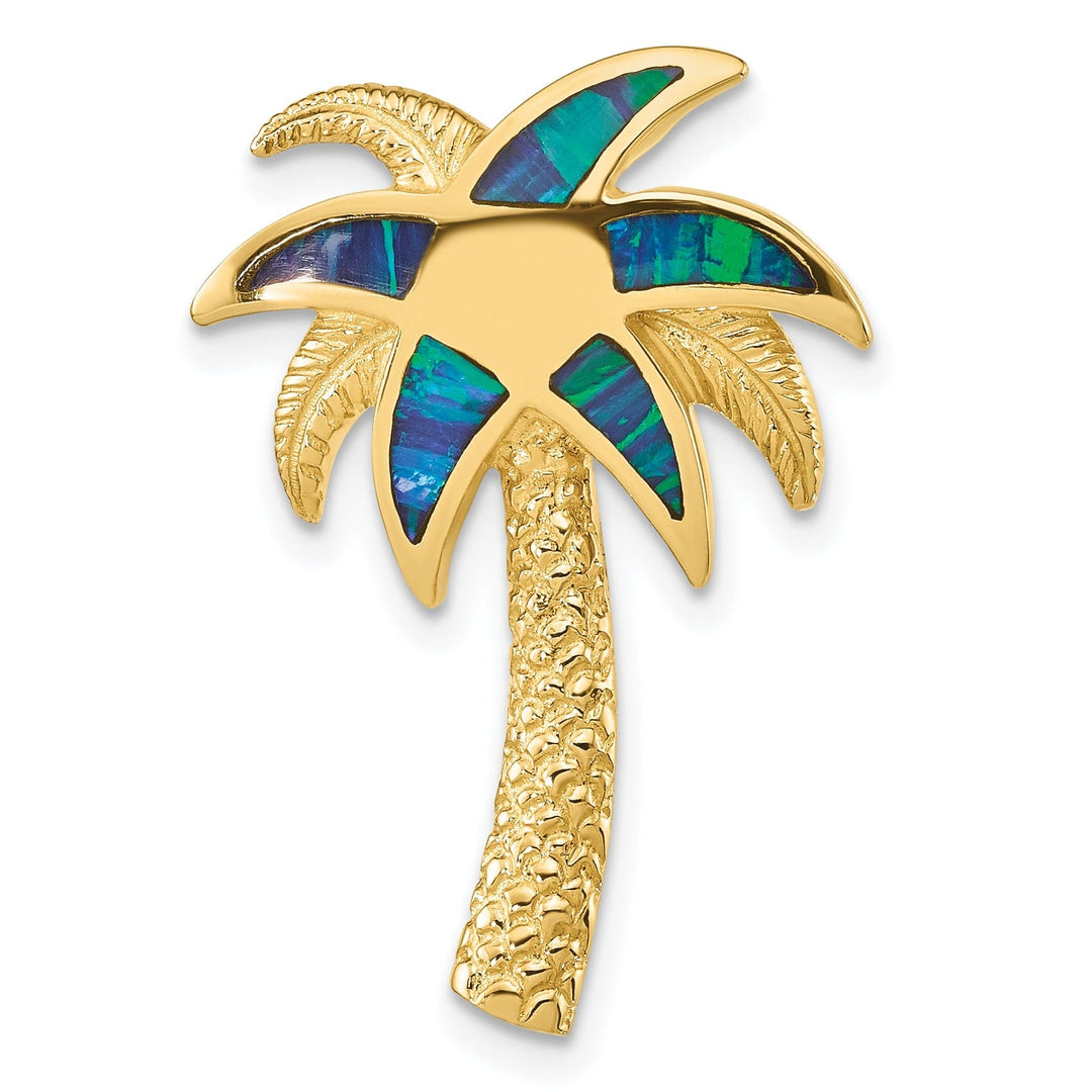 14k Yellow Gold Polished Textured Finish Solid Lab Created Opal Palm Tree Slide Pendant fits up to 6mm Omega