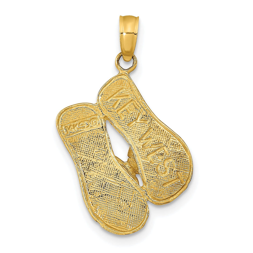 14K Yellow Gold Polished Textured Finish 3-Dimensional KEY WEST Banner Reversible Flip Flop Sandle Charm Pendant