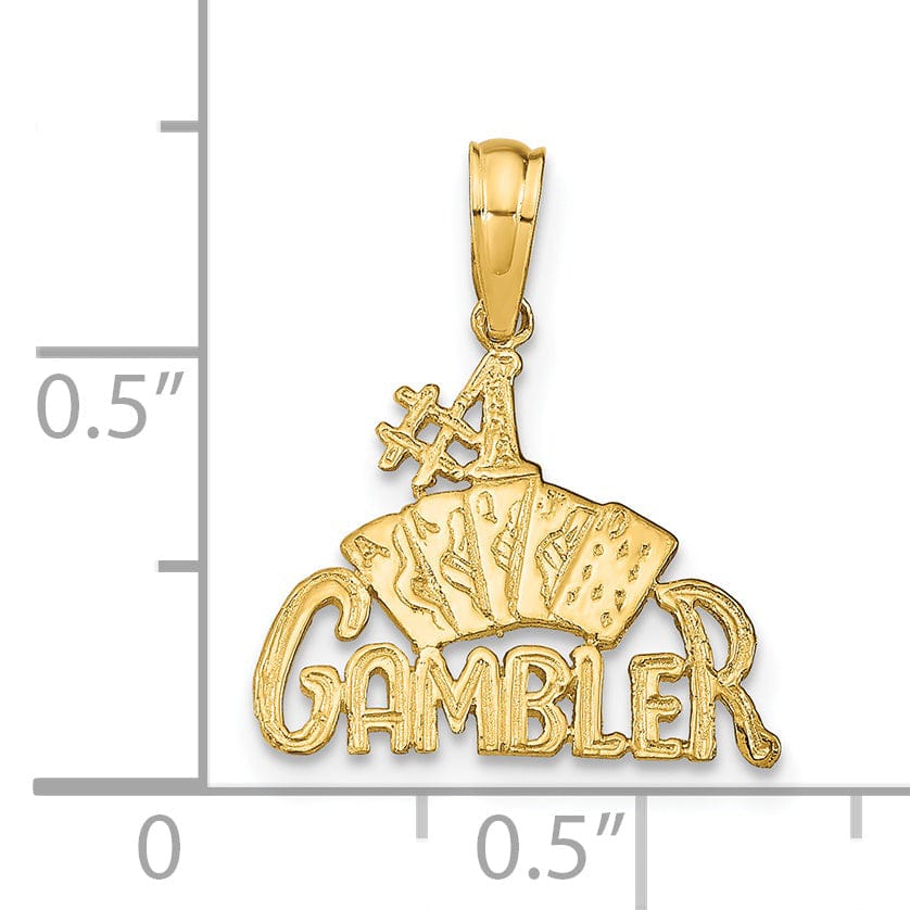 14K Yellow Gold Textured Polished Finish #1 GAMBLER With Playing Cards Design Charm Pendant