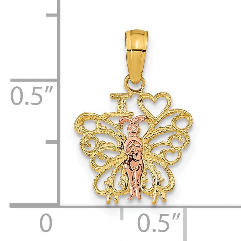 14K Two-tone Gold Textured Textured Back Solid Polished Finish I HEART Butterfly Charm Pendant