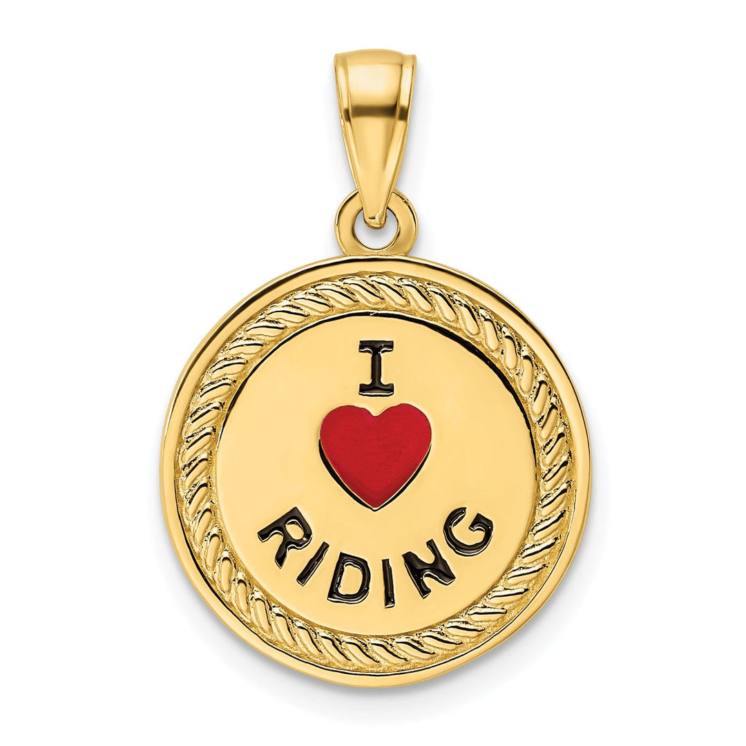 14K Yellow Gold Polished Red Enameled Finish I Heart Circle Design Riding Horses Reversible Charm Pendant