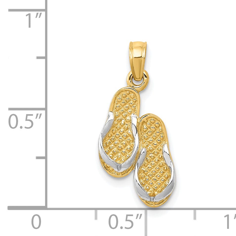 14k Yellow Gold, White Rhodium 3-Dimensional Solid Polished Finish Flip-Flop Sandals Charm Pendant