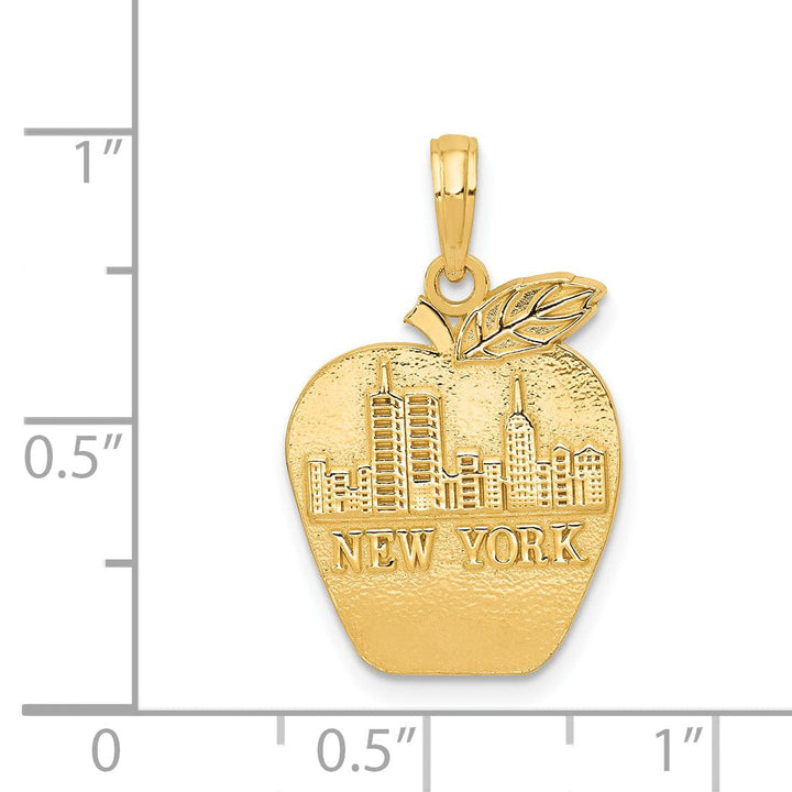 14k Yellow Gold Solid Polished Textured Finish NEW YORK Skyline Theme on Small Apple Design Charm Pendant