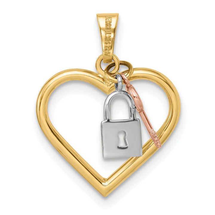 14k Yellow Gold 3-D Heart, Lock and Key Design Charm Pendant