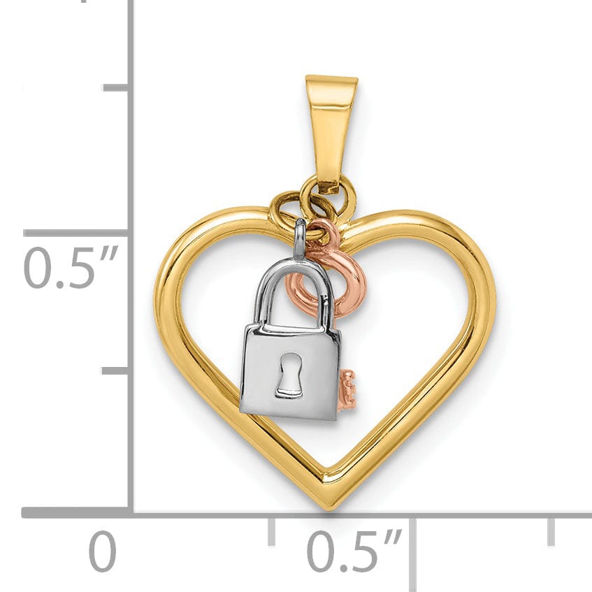14k Yellow Gold 3-D Heart, Lock and Key Design Charm Pendant