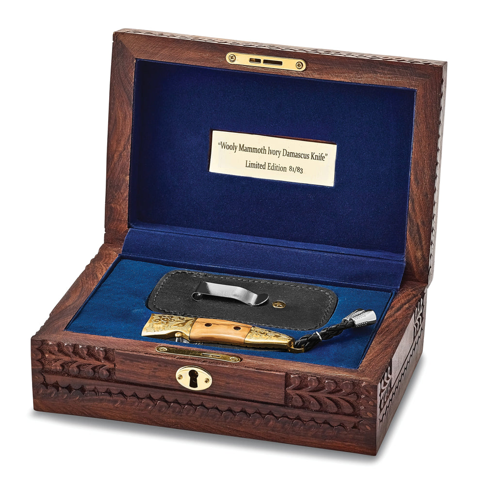 Luxury Giftware Limited Edition Damascus Steel 256 Layer Woolly Mammoth Tusk Ivory and Brass Handle Folding Knife with Leather Sheath and Wooden Gift Box