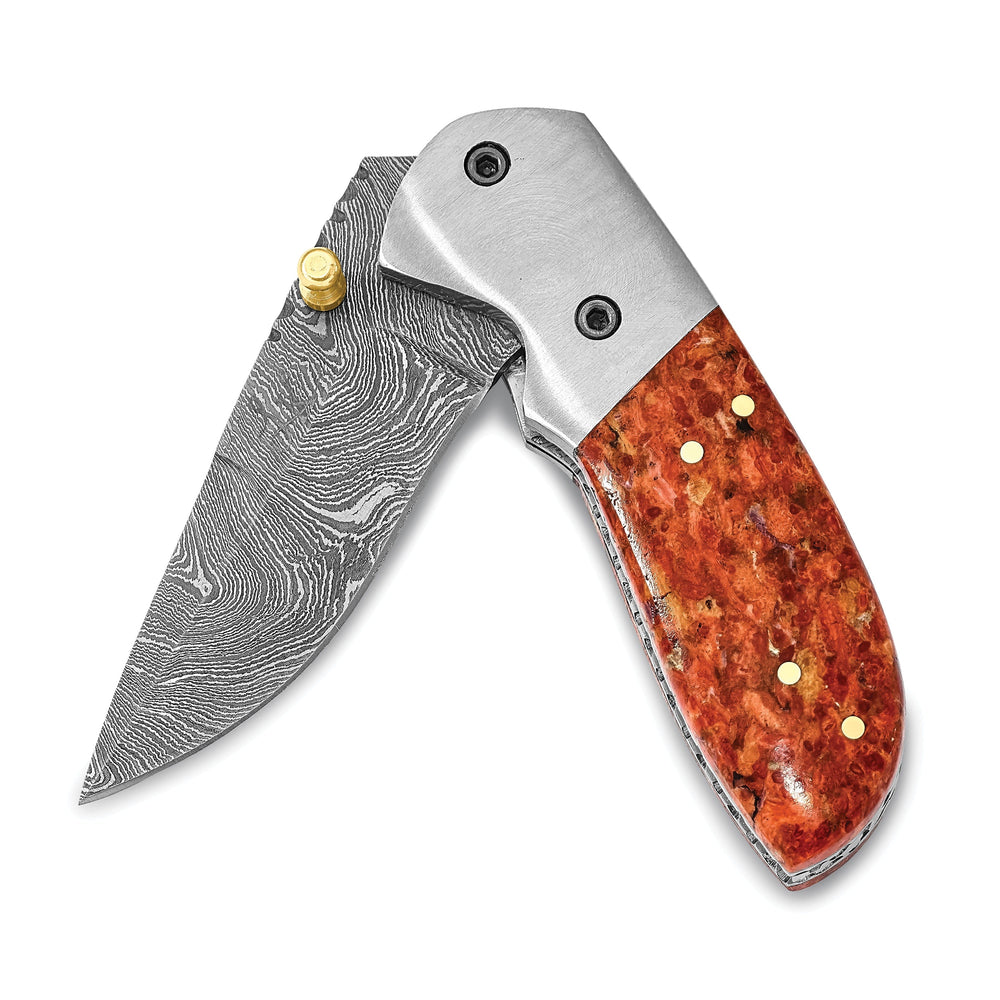 Damascus Steel 256 Layer Folding Compressed Red Coral Chips Handle Knife
