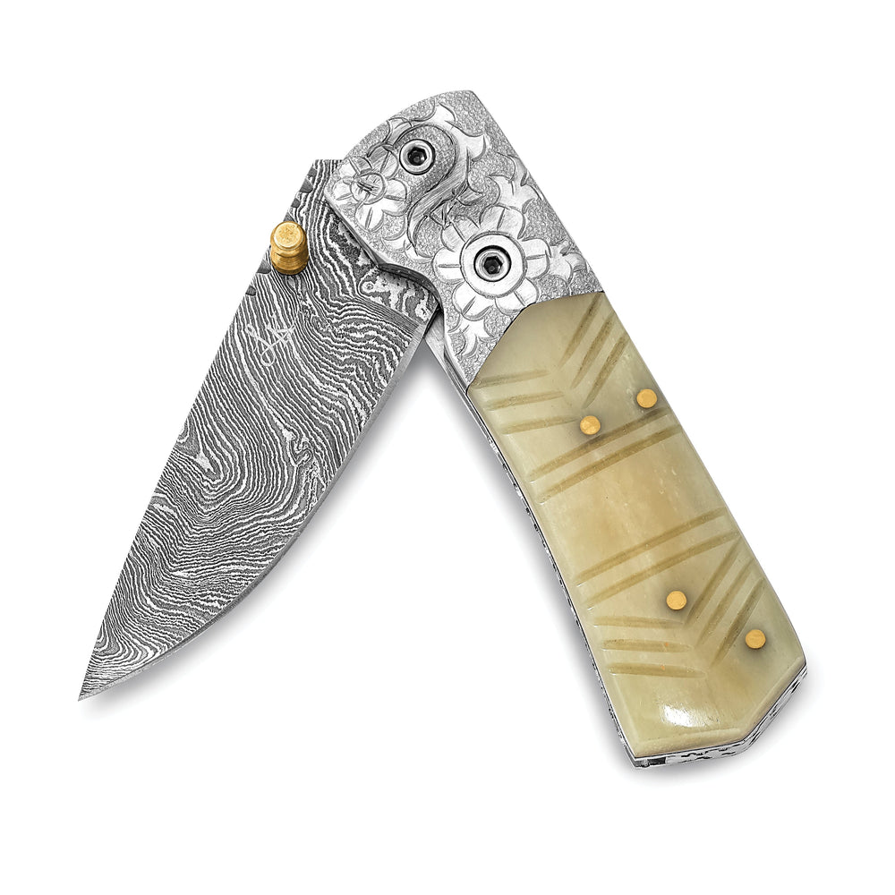 Damascus Steel 256 Layer Folding Carved Camel Bone Handle Knife