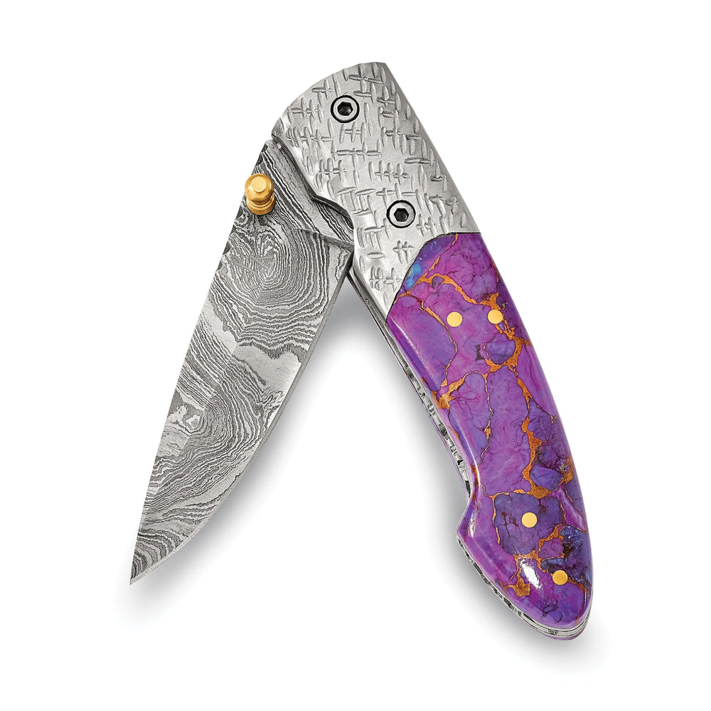 Damascus Steel 256 Layer Purple Stone Handle Folding Blade Knife