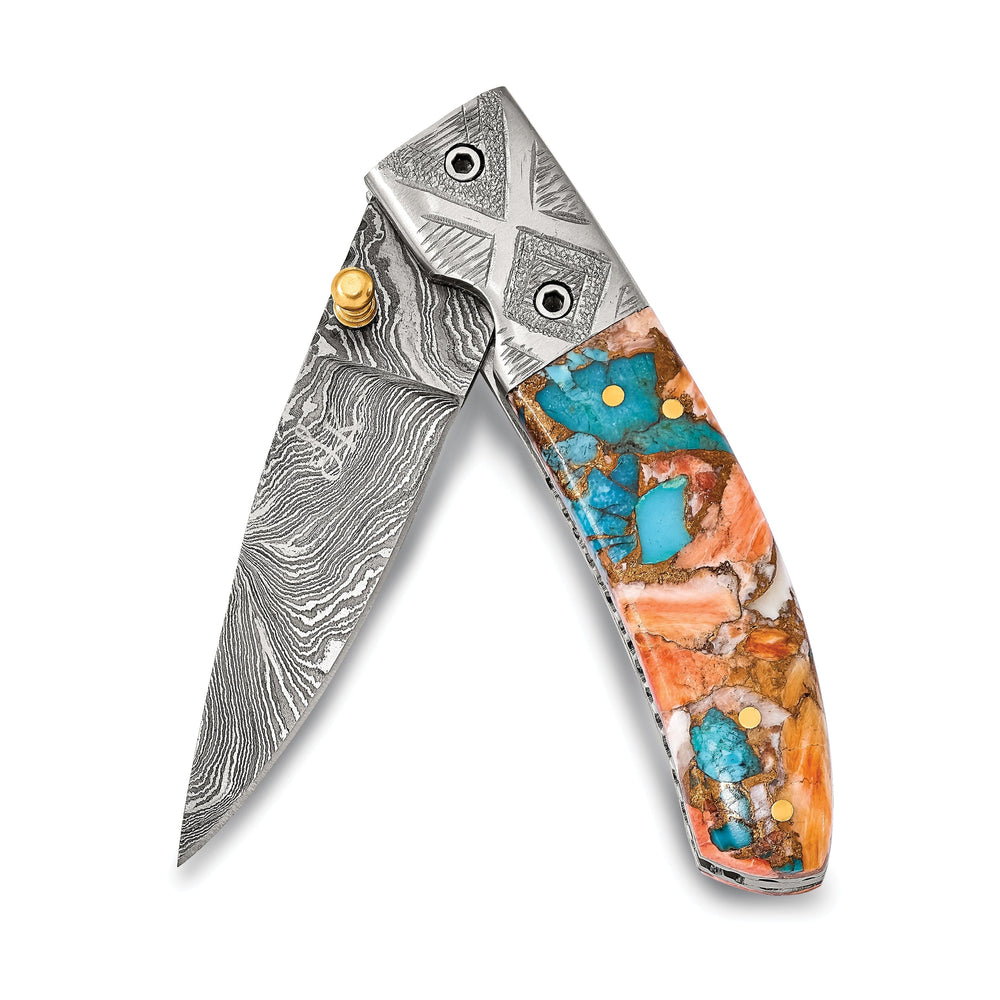 Damascus Steel 256 Layer Spiny Oyster & Turquoise Folding Blade Knife