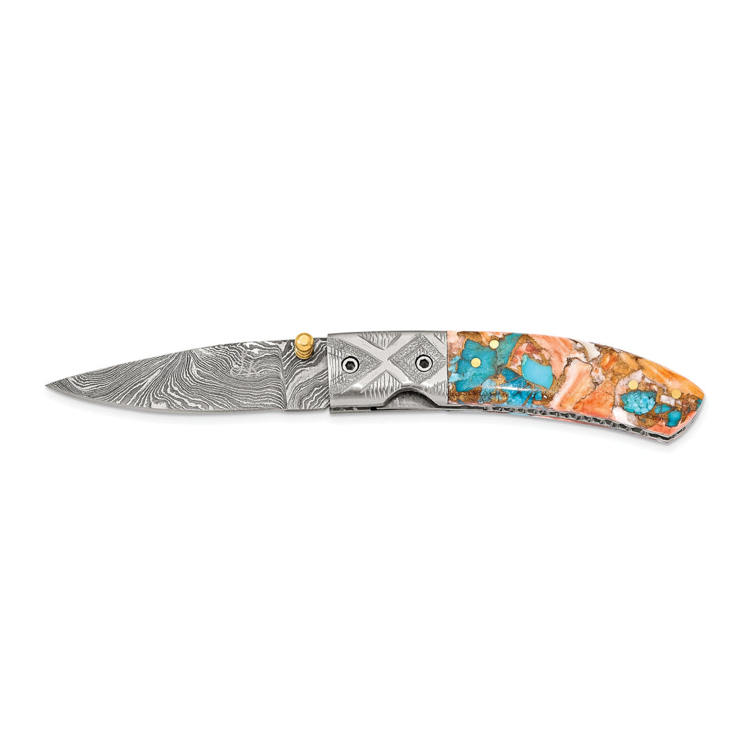 Damascus Steel 256 Layer Spiny Oyster & Turquoise Folding Blade Knife