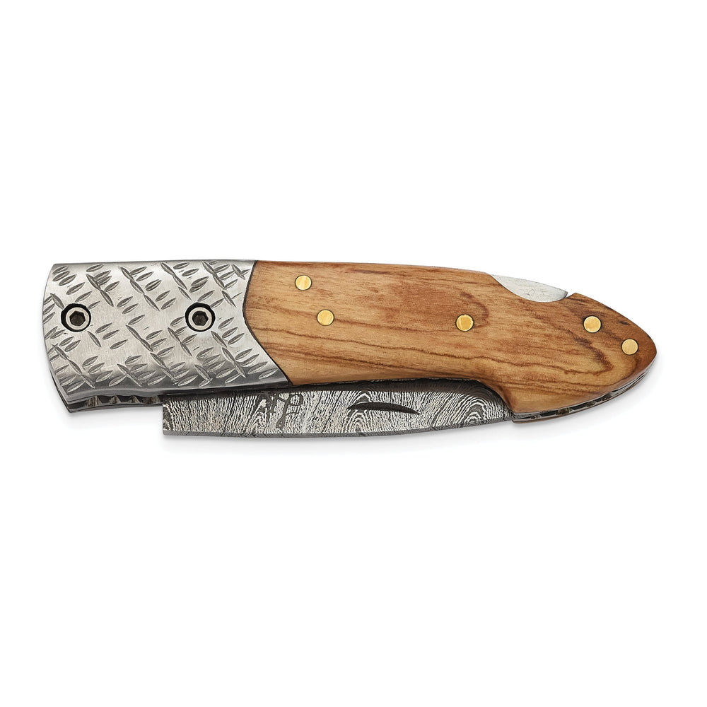 Luxury Giftware Damascus Steel 256 Layer Olive Wood Handle Folding Blade Knife with Leather Sheath and Wooden Gift Box