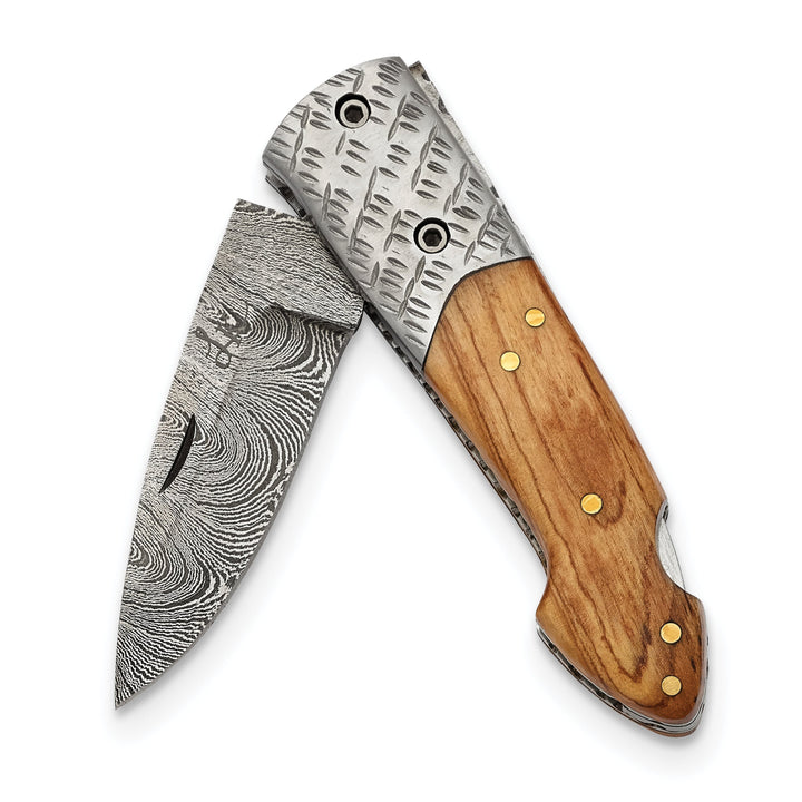 Luxury Giftware Damascus Steel 256 Layer Olive Wood Handle Folding Blade Knife with Leather Sheath and Wooden Gift Box