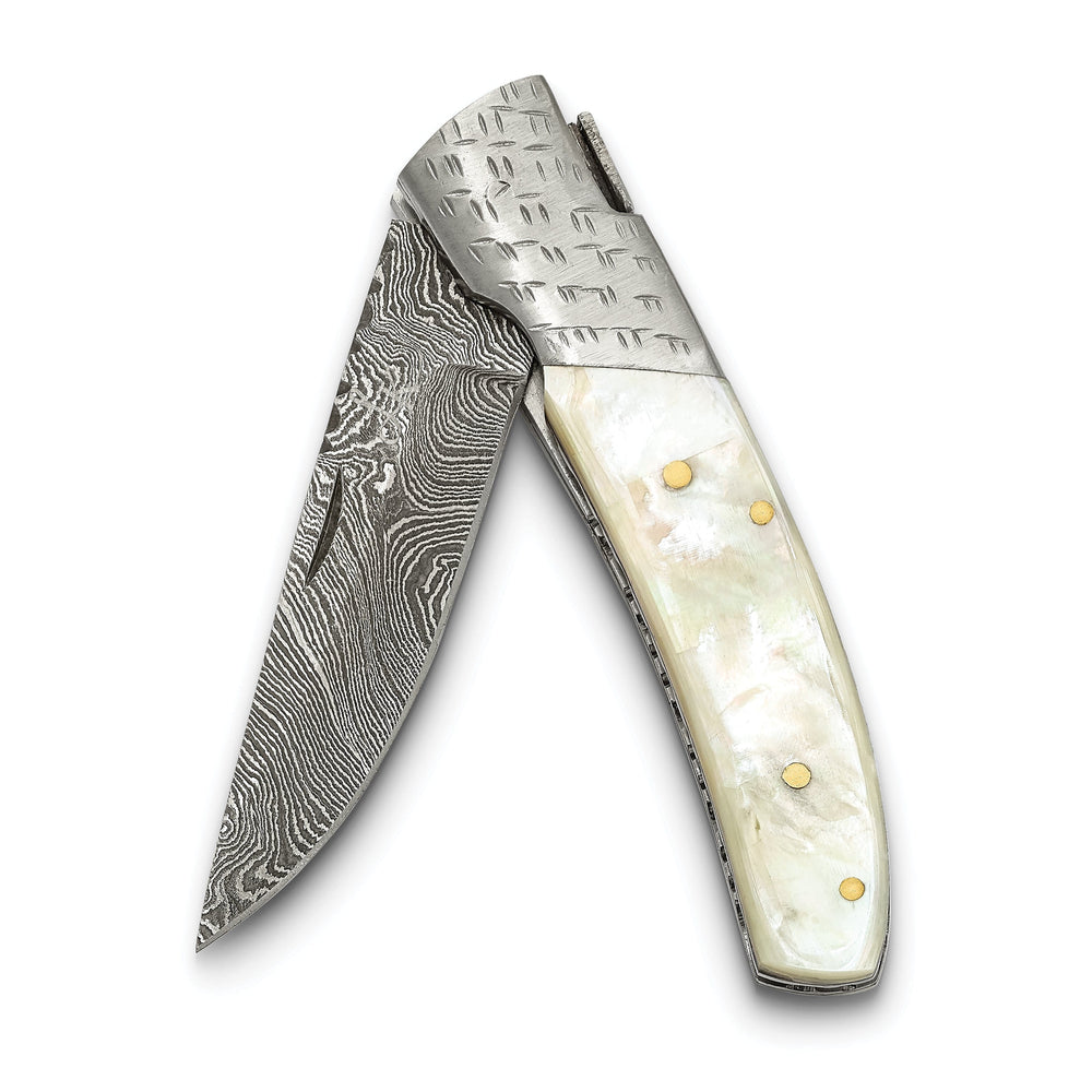 Damascus Steel 256 Layer Mother of Pearl Steel Guard Folding Knife