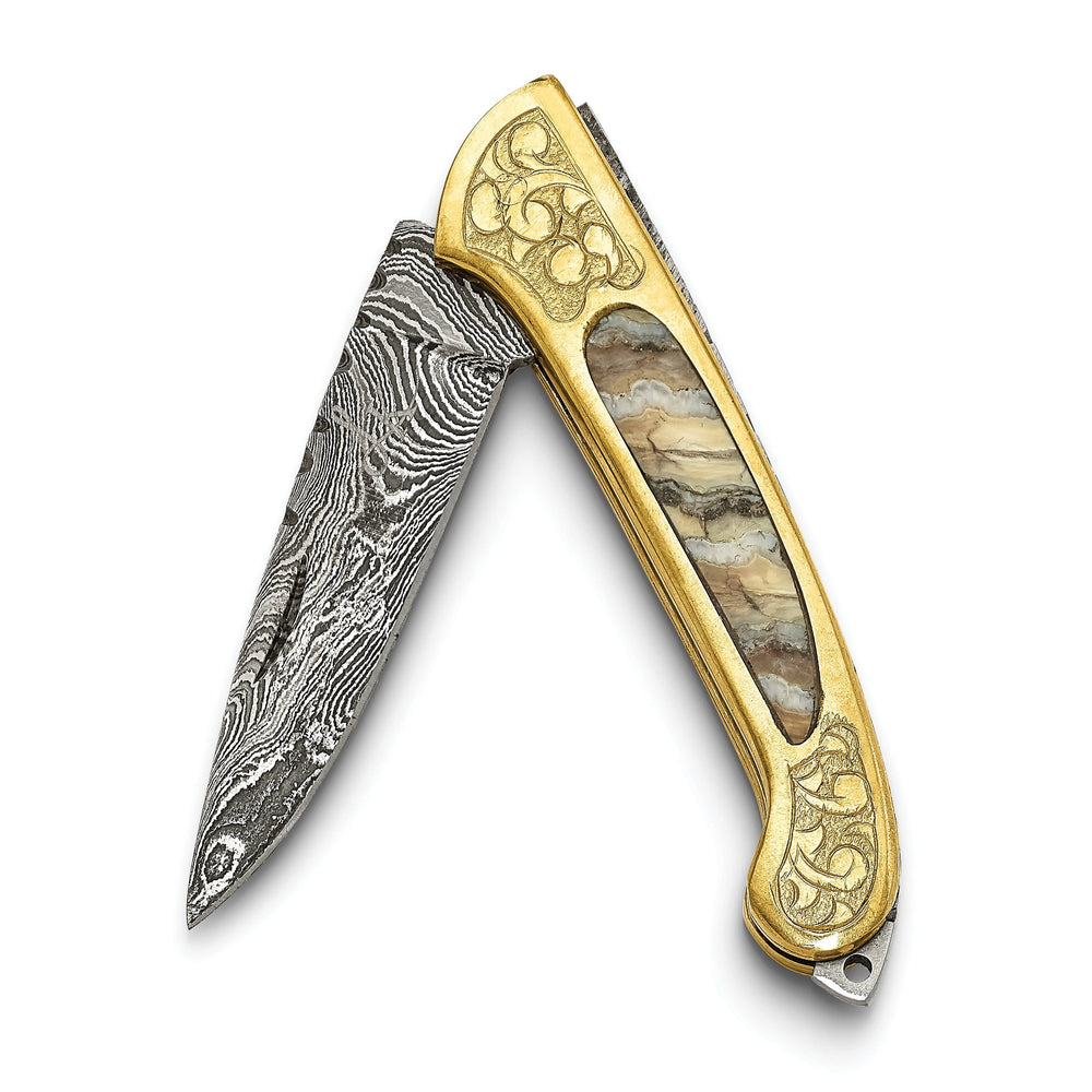 Luxury Giftware Limited Ed Damascus 256 Layer Brass/Woolly Mammoth Tooth Inlay Handle Folding Knife with Leather Sheath and Wooden Gift Box