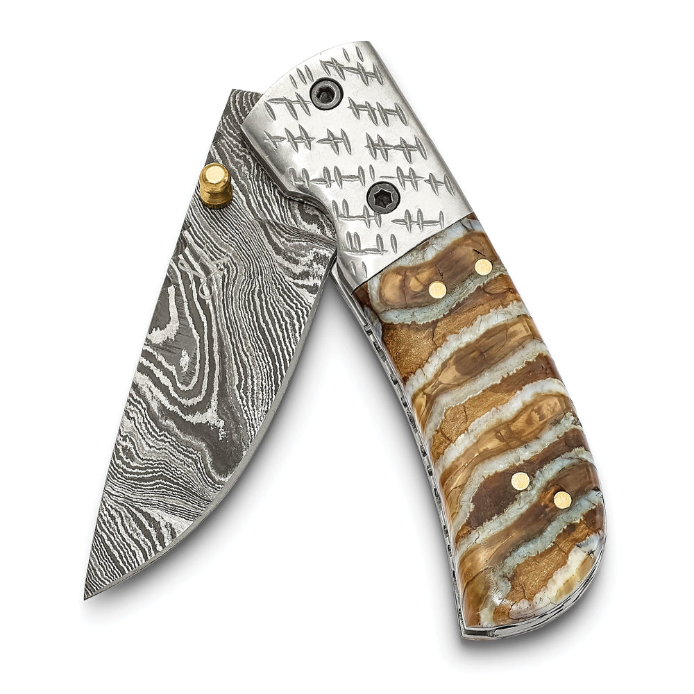 Luxury Giftware Limited Edition Damascus Steel 256 Layer Woolly Mammoth Tooth/Steel Handle Folding Knife with Leather Sheath and Wooden Gift Box
