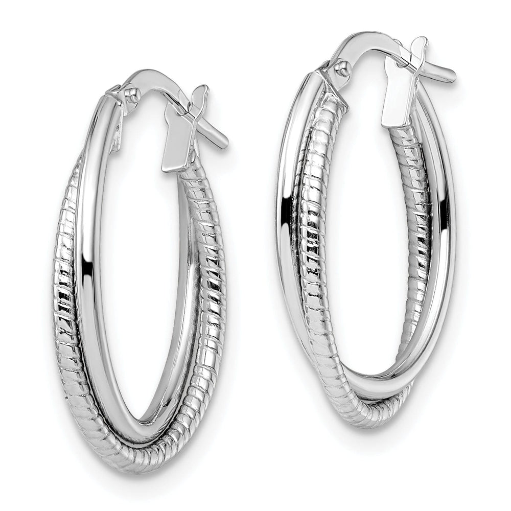 14k White Gold Polished Finish Textured Oval Hoop Earrings