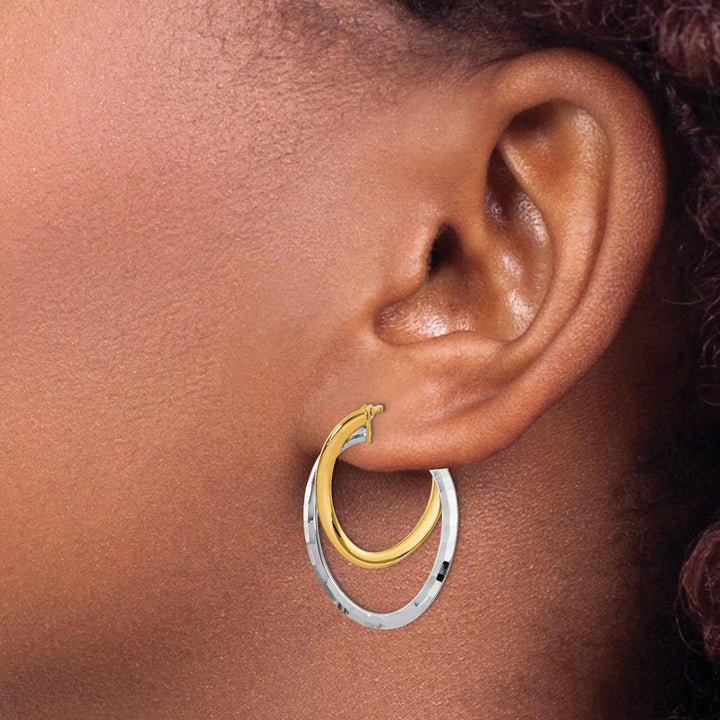 14k Two Tone Gold Polished Fancy Hoop Earrings