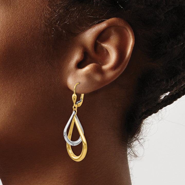 14k Two Tone Gold Teardrop Leverback Earrings