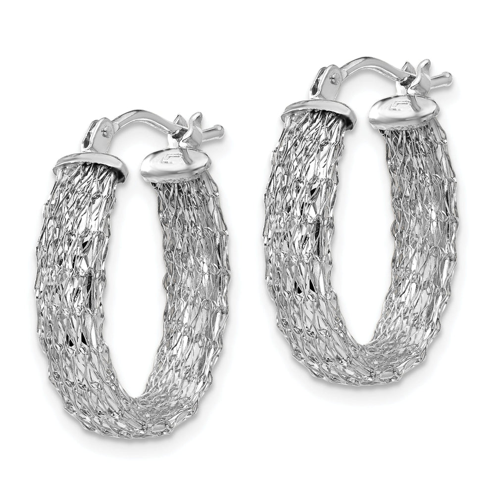 14K White Gold Polished Finish and Diamond Cut Oval Hoop Earrings
