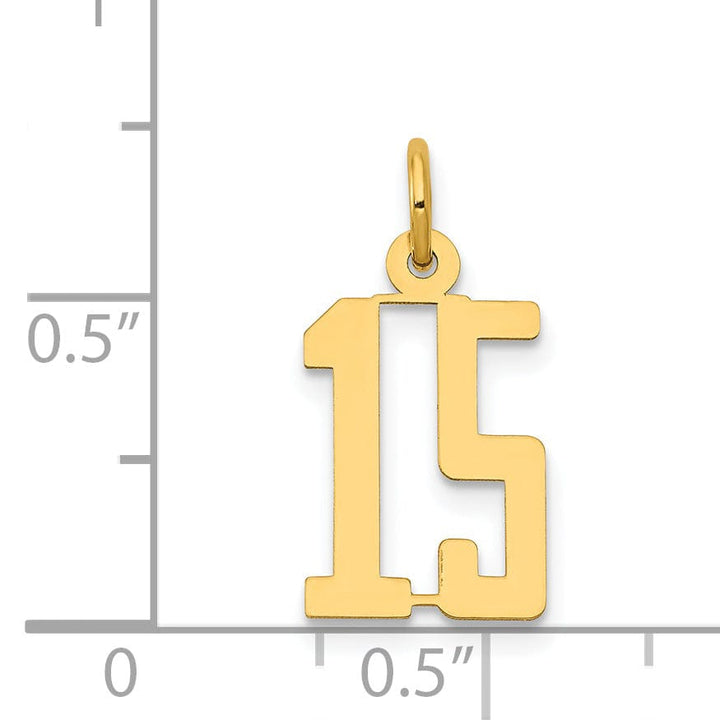 14K Yellow Gold Polished Finish Small Size Elongated Shape Number 15 Charm Pendant