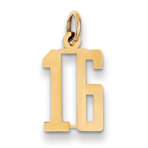 14K Yellow Gold Polished Finish Small Size Elongated Shape Number 16 Charm Pendant