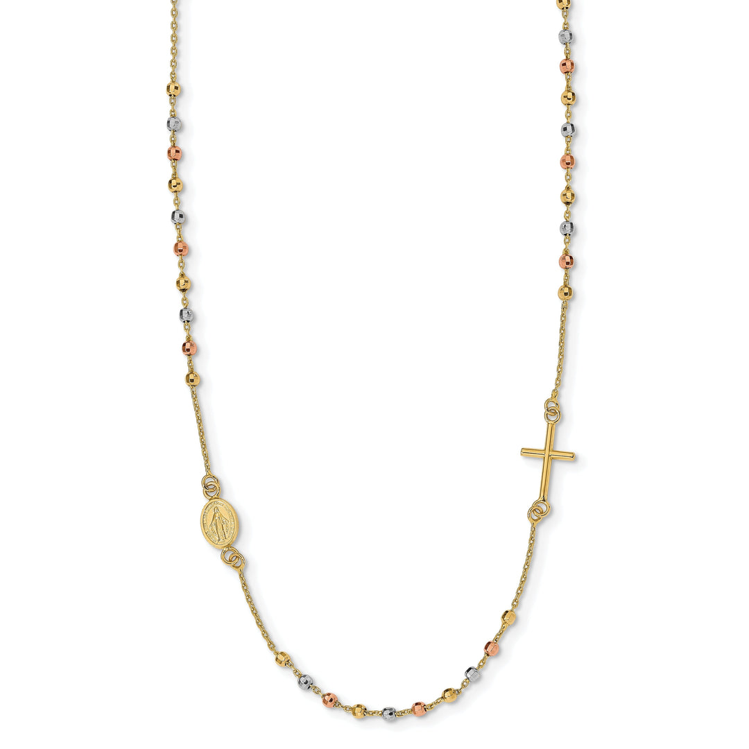 14k Tri Color Gold Sideway Cross Rosary Necklace