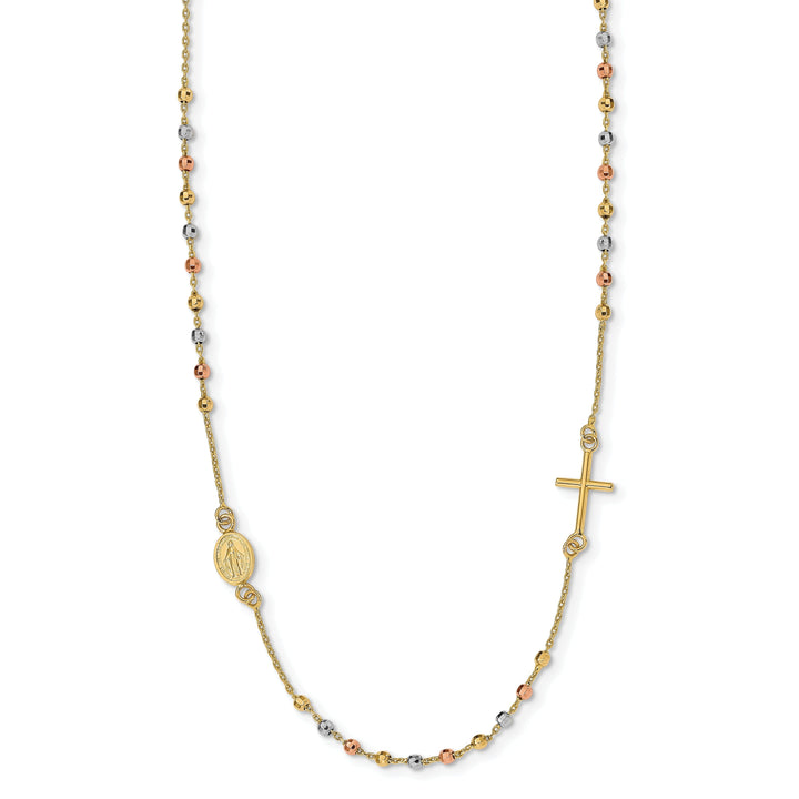 14k Tri Color Gold Sideway Cross Rosary Necklace