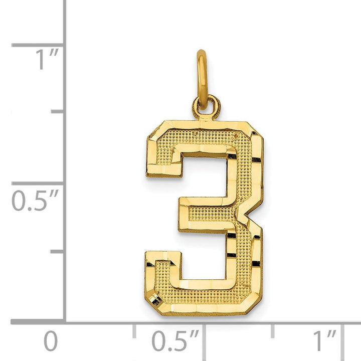 14k Yellow Gold Diamond Cut Texture Finish Large Size Number 3 Charm Pendant