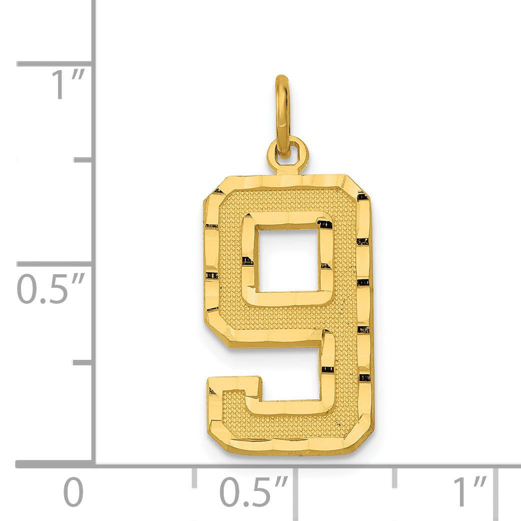 14k Yellow Gold Diamond Cut Texture Finish Large Size Number 9 Charm Pendant