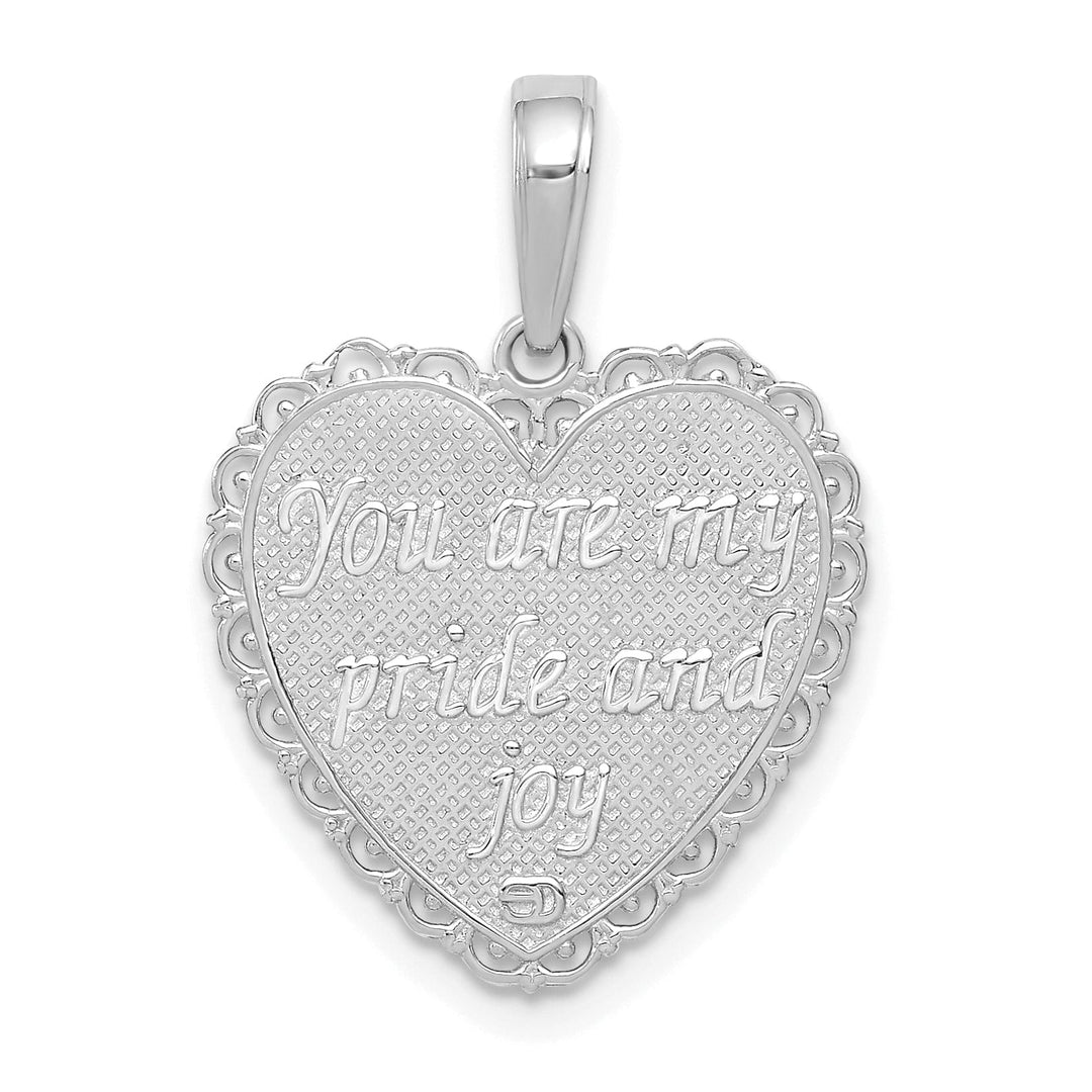14K White Gold Textured Finish Reversible FOR MY DAUGHTER / YOU ARE MY PRIDE AND JOY Heart Shape Lace Trim Design Charm Pendant