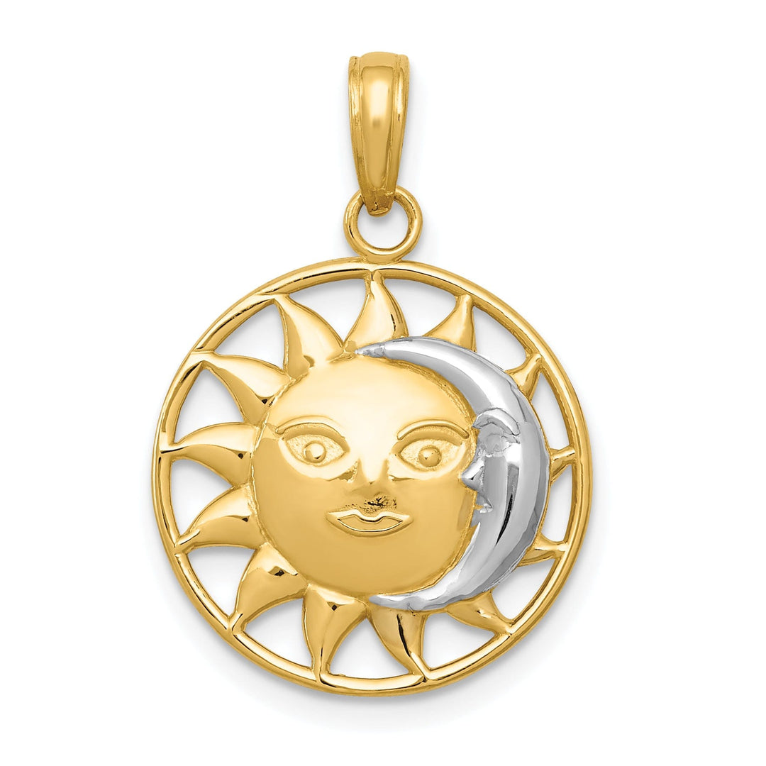 14k Yellow Gold White Rhodium Solid Textured Polished Finish Sun and Moon Design Charm Pendant