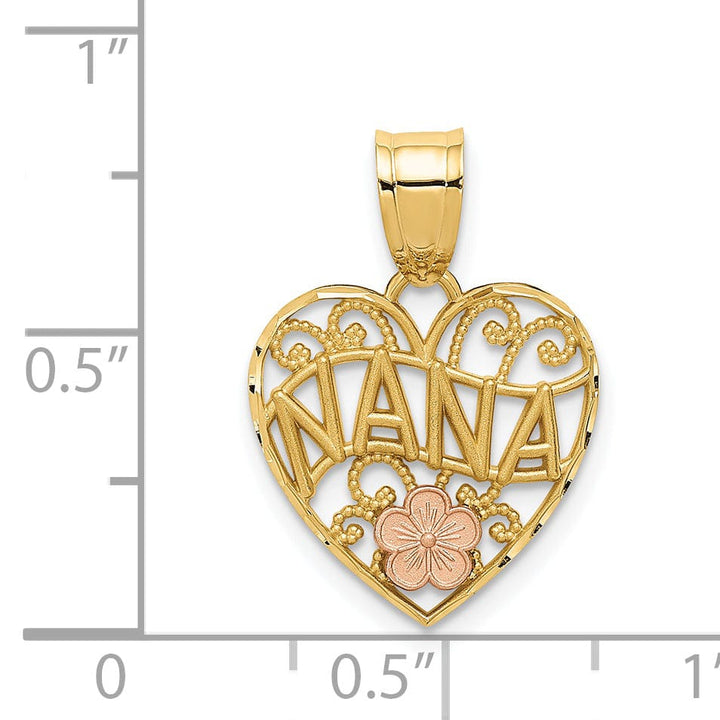 14k Two Tone Gold Polished Finish NANA Heart Shape Filigree Design Pendant