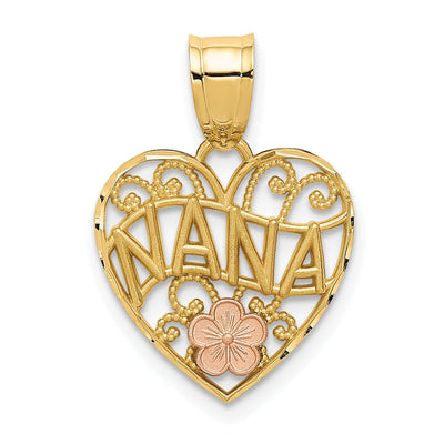 14k Two Tone Gold Polished Finish NANA Heart Shape Filigree Design Pendant