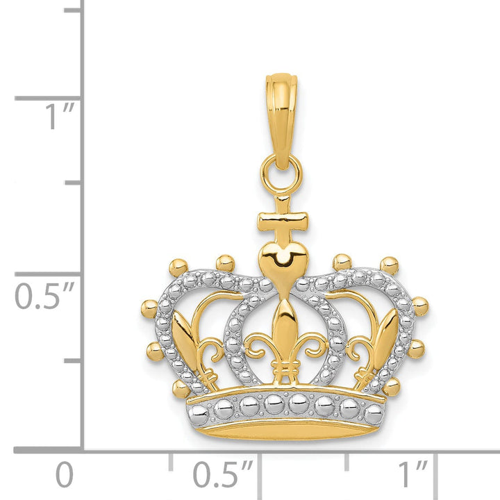 14K Yellow Gold White Rhodium Solid Textured Polished Finish Mens Crown Design Charm Pendant