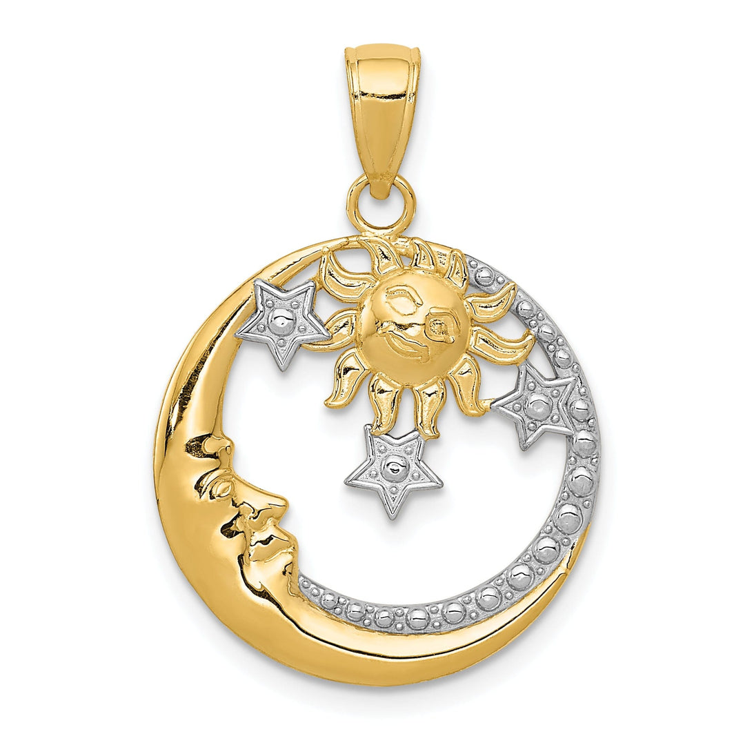 14k Yellow Gold White Rhodium Solid Textured Polished Finish Moon, Stars, and Sun Circle Design Charm Pendant