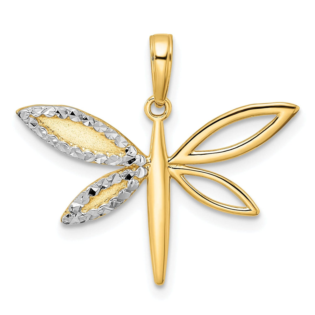 14k Yellow Gold White Rhodium Open Back Solid Polished Diamond Cut Finish Dragonfly Design Charm Pendant