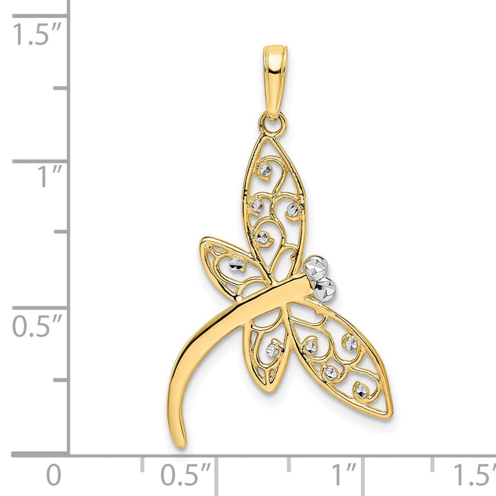 14k Yellow Gold White Rhodium Open Back Solid Diamond Cut Polished Finish Filigree Dragonfly Charm Pendant