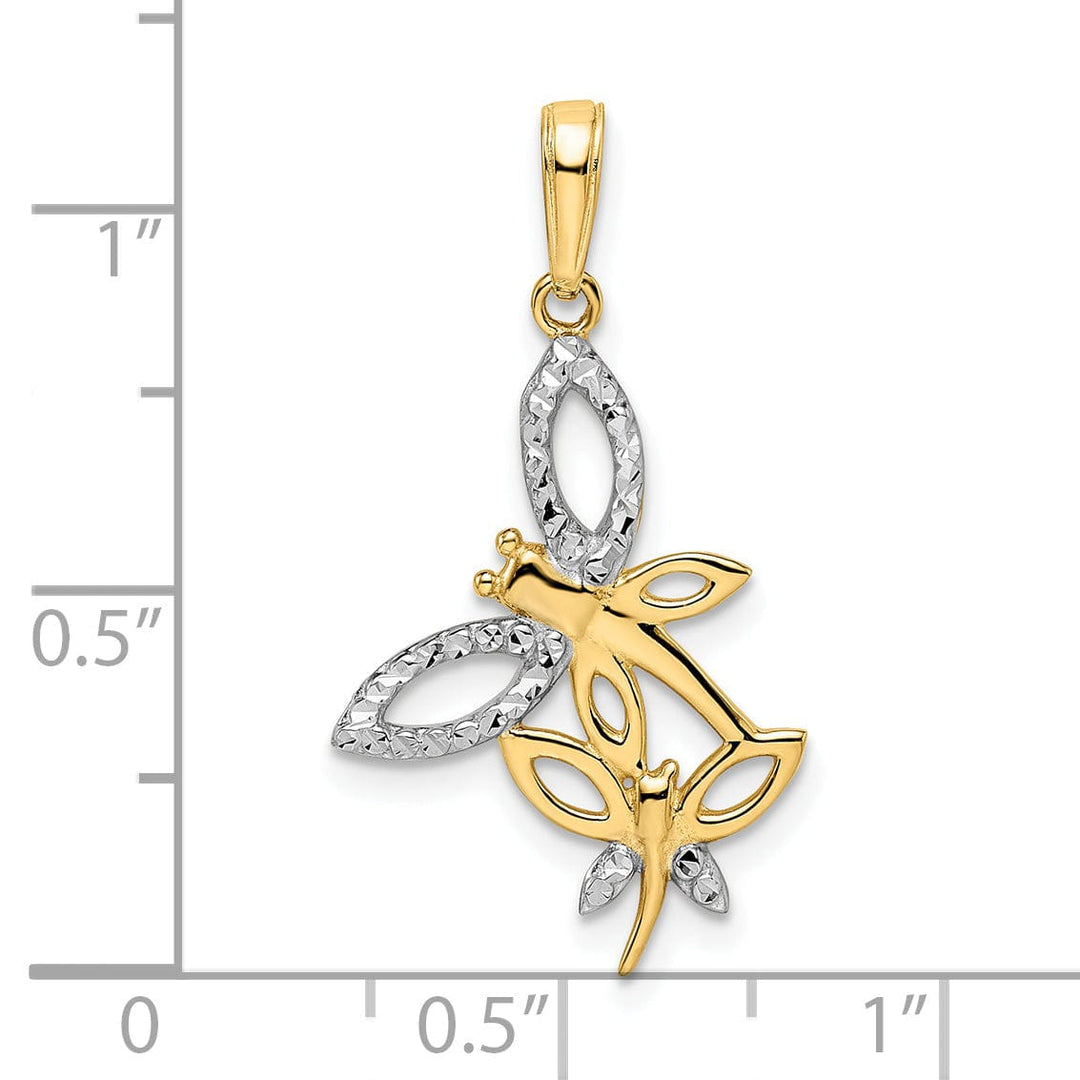 14k Yellow Gold White Rhodium Solid Flat Back Diamond Cut Polished Finish Two Dragonflies Design Charm Pendant
