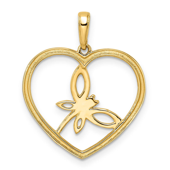 14k Yellow Gold White Rhodium Solid Open Back Polished Diamond Cut Finish Dragonfly in Heart Design Charm Pendant