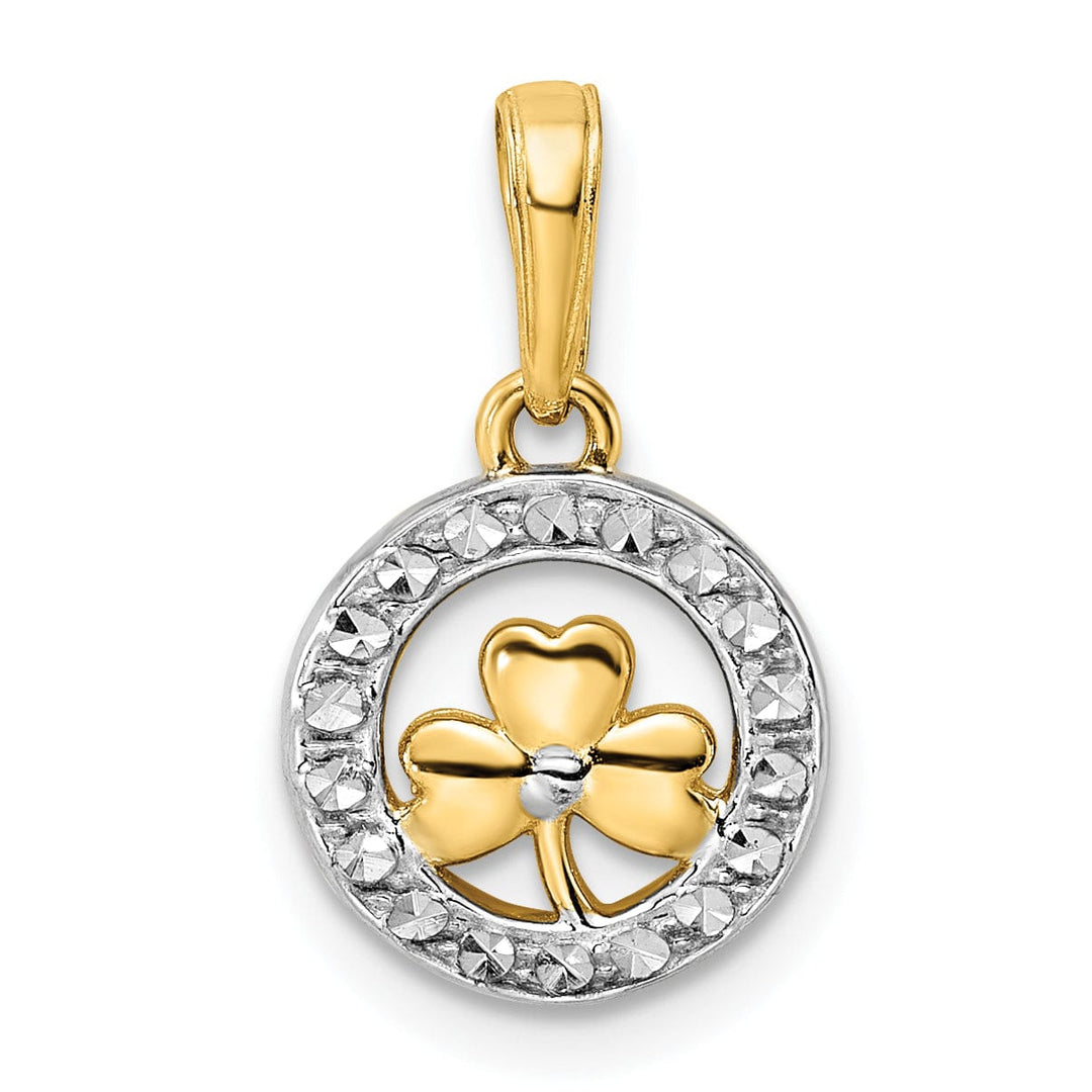 14k Yellow Gold White Rhodium Open Back Solid Diamond Cut 3-Leaf Clover in Circle Design Charm Pendant