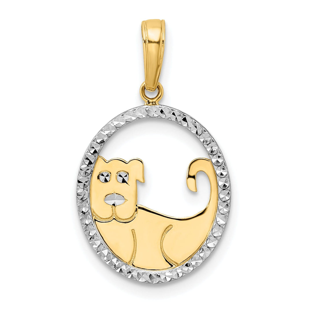 14k Yellow Gold White White Rhodium Open Back Solid Polished Diamond Cut Finish Puppy Dog in Oval Shape Design Charm Pendant