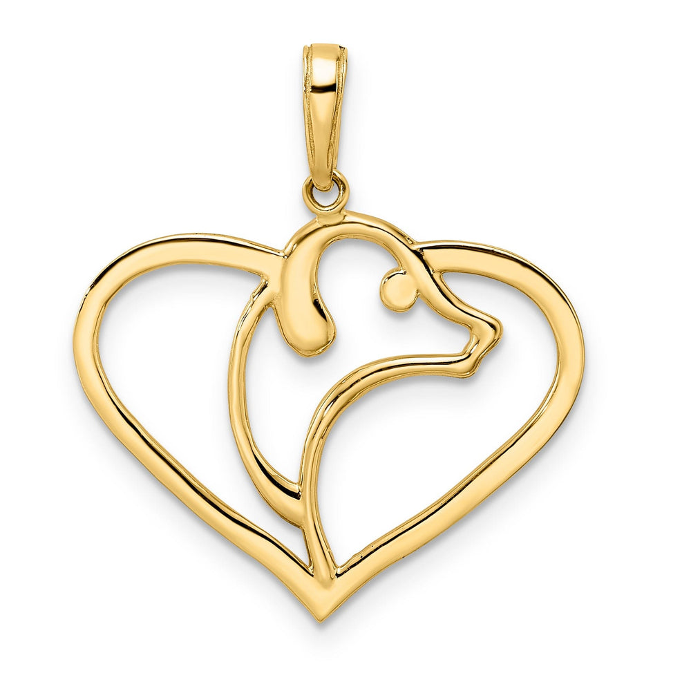 14k Yellow Gold White White Rhodium Open Back Solid Polished Diamond Cut Finish Dog Head Design in Heart Shape Charm Pendant