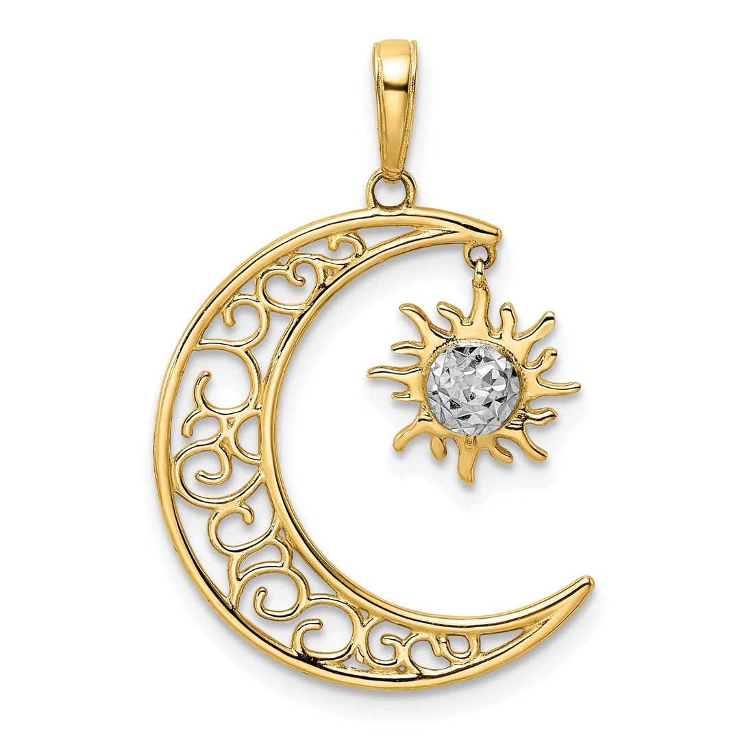 14k Yellow Gold White Rhodium Open Back Solid Diamond Cut Polished Finish Moon and Dangle Sun Charm Pendant